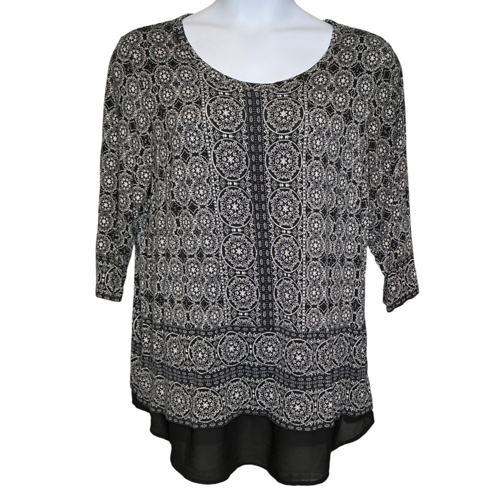 Rose + Olive Womens Black White Print Sheer Hem Tunic Top Size 1X Career Flowy